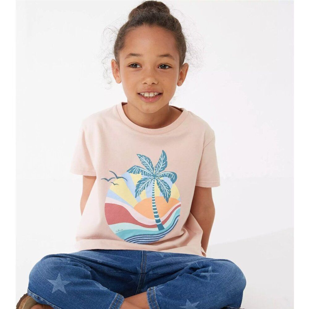 FatFace Girl's Beige Cotton Tee With Palm Tree & Sunset Graphic Girls M (9/10)